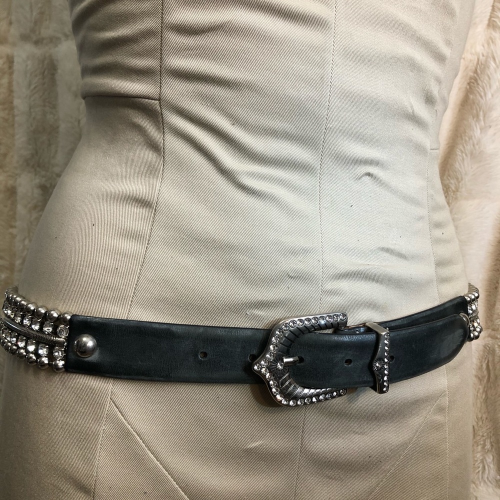Renata Angi designer Black leather rhinestone belt